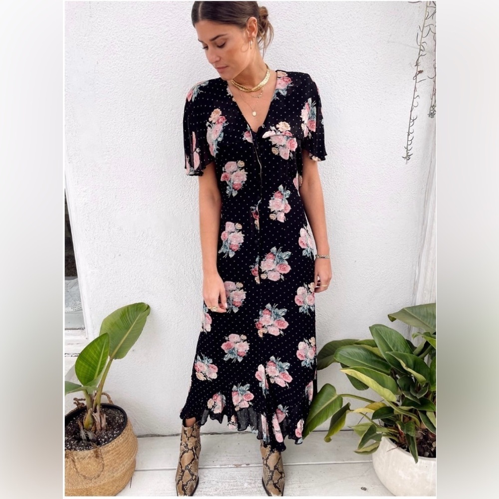 RARE Nostalgia Floral Polka Dot Rayon Midi Dress 90s Vintage Maddy Selected